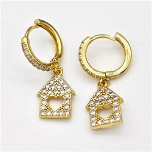 Copper House Hoop Earrings Pave Zirconia Gold Plated, approx 10-13mm, 14mm dia [FN43650]
