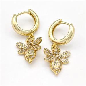 Copper Honeybee Hoop Earrings Pave Zirconia Gold Plated, approx 15mm, 16mm dia [FN43651]