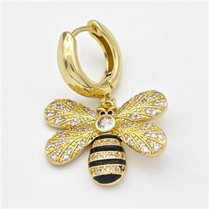 Copper Honeybee Hoop Earrings Pave Zirconia Black Enamel Gold Plated, approx 18-23mm, 16mm dia [FN43652]