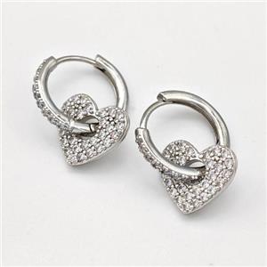 Copper Hoop Earrings Heart Pave Zirconia Platinum Plated, approx 14mm, 17mm dia [FN43653]