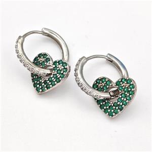 Copper Hoop Earrings Heart Pave Green Zirconia Platinum Plated, approx 14mm, 17mm dia [FN43654]