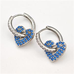 Copper Hoop Earrings Heart Pave Blue Zirconia Platinum Plated, approx 14mm, 17mm dia [FN43655]