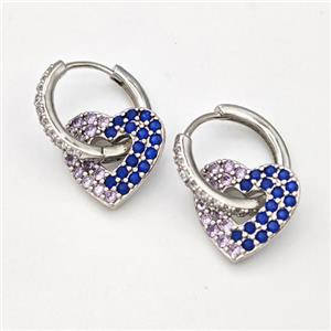 Copper Hoop Earrings Heart Pave Zirconia Platinum Plated, approx 14mm, 17mm dia [FN43657]
