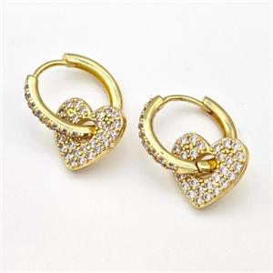 Copper Hoop Earrings Heart Pave Zirconia Gold Plated, approx 14mm, 17mm dia [FN43658]