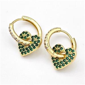Copper Hoop Earrings Heart Pave Green Zirconia Gold Plated, approx 14mm, 17mm dia [FN43659]