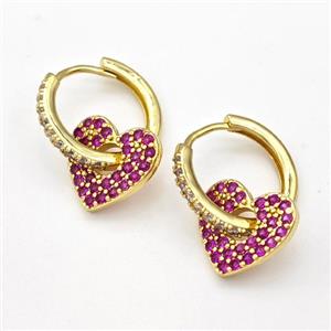 Copper Hoop Earrings Heart Pave Pink Zirconia Gold Plated, approx 14mm, 17mm dia [FN43660]