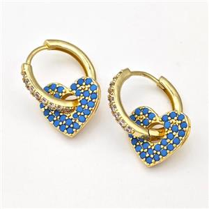 Copper Hoop Earrings Heart Pave Blue Zirconia Gold Plated, approx 14mm, 17mm dia [FN43661]