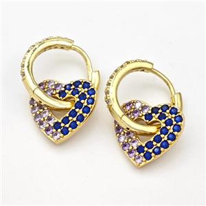 Copper Hoop Earrings Heart Pave Zirconia Gold Plated, approx 14mm, 17mm dia [FN43662]