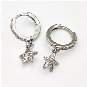 Copper Starfish Hoop Earrings Pave Zirconia Platinum Plated, approx 9mm, 14mm dia [FN43667]