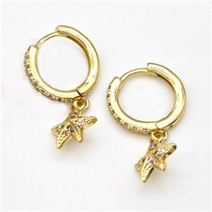 Copper Starfish Hoop Earrings Pave Zirconia Gold Plated, approx 9mm, 14mm dia [FN43668]