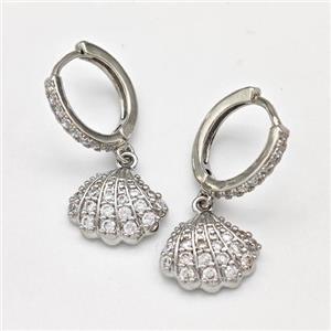 Copper Hoop Earrings Scallop Shell Pave Zirconia Platinum Plated, approx 10-13mm, 14mm dia [FN43671]