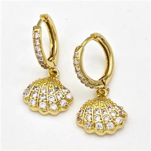 Copper Hoop Earrings Scallop Shell Pave Zirconia Gold Plated, approx 10-13mm, 14mm dia [FN43672]