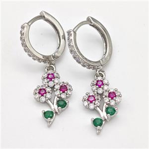 Copper Flower Hoop Earrings Micro Pave Zirconia Platinum Plated, approx 10-15mm, 14mm dia [FN43673]