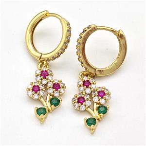 Copper Flower Hoop Earrings Micro Pave Zirconia Gold Plated, approx 10-15mm, 14mm dia [FN43674]