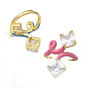 Copper Rings Pave Zirconia Pink Enamel Adjustable Gold Plated, approx 8mm, 18mm dia [FN43692]