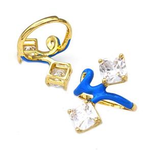 Copper Rings Pave Zirconia Blue Enamel Adjustable Gold Plated, approx 8mm, 18mm dia [FN43694]
