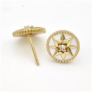 Copper Northstar Stud Earring Pave Zirconia White Enamel Circle Gold Plated, approx 11mm [FN43708]