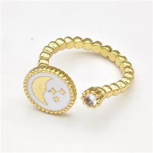 Copper Moon Rings Pave Zirconia Star White Enamel Gold Plated, approx 11mm, 18mm dia [FN43709]