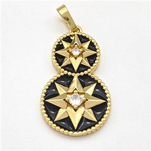 Copper NorthStar Pendant Pave Zirconia Black Enamel Circle Gold Plated, approx 11mm, 16mm [FN43711]
