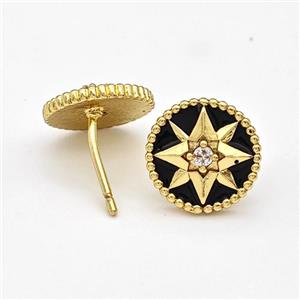 Copper Northstar Stud Earring Pave Zirconia Black Enamel Circle Gold Plated, approx 11mm [FN43712]