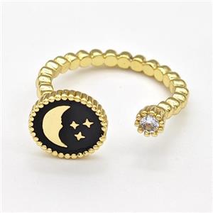 Copper Moon Rings Pave Zirconia Star Black Enamel Gold Plated, approx 11mm, 18mm dia [FN43713]