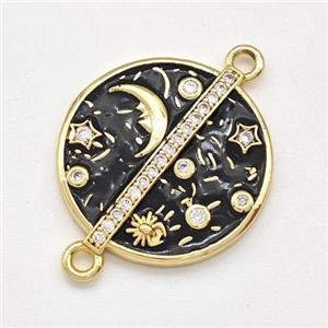 Copper Moon Star Connector Pave Zirconia Black Enamel Circle Gold Plated, approx 20mm [FN43728]