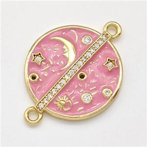 Copper Moon Star Connector Pave Zirconia Pink Enamel Circle Gold Plated, approx 20mm [FN43729]