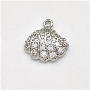Scallop Shell Charms Copper Pendant Micro Pave Zirconia Platinum Plated, approx 10-12.5mm [FN43775]