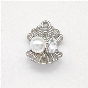 Scallop Shell Charms Copper Pendant Pave Pearlized Resin Platinum Plated, approx 11-12.5mm [FN43805]