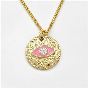 Copper Evil Eye Necklace Pave Zirconia Pink Enamel Gold Plated, approx 18mm, 1.5mm, 42-47cm length [FN43831]