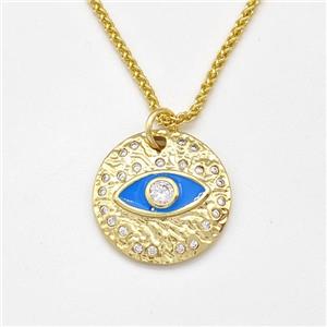 Copper Evil Eye Necklace Pave Zirconia Blue Enamel Gold Plated, approx 18mm, 1.5mm, 42-47cm length [FN43832]