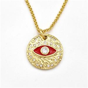 Copper Evil Eye Necklace Pave Zirconia Red Enamel Gold Plated, approx 18mm, 1.5mm, 42-47cm length [FN43833]