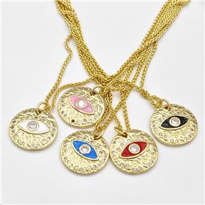 Copper Evil Eye Necklace Pave Zirconia Enamel Gold Plated Mixed, approx 18mm, 1.5mm, 42-47cm length [FN43834]