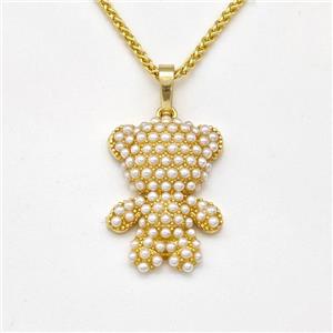 Copper Bear Necklace Pave Pearlized Resin Gold Plated, approx 16-21mm, 1.5mm, 42-47cm length [FN43842]
