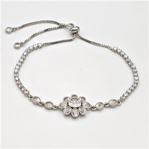 Copper Flower Bracelet Pave Zirconia Adjustable Platinum Plated, approx 14-40mm, 2.5mm, 24-28cm length [FN43845]