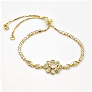 Copper Flower Bracelet Pave Zirconia Adjustable Gold Plated, approx 14-40mm, 2.5mm, 24-28cm length [FN43846]