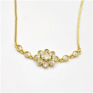 Copper Flower Necklace Pave Zirconia Gold Plated, approx 14-40mm, 1.2mm, 80-84cm length [FN43848]