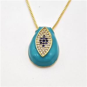 Copper Evil Eye Necklace Pave Zirconia Teal Enamel Gold Plated, approx 15-22mm, 0.8mm, 42-45cm length [FN43851]