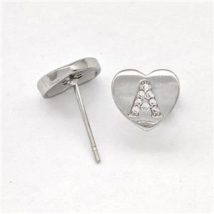Copper Heart Stud Earring Pave Zirconia Letter-A Platinum Plated, approx 8-9mm [FN43857]
