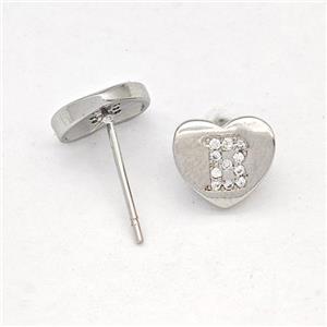 Copper Heart Stud Earring Pave Zirconia Letter-B Platinum Plated, approx 8-9mm [FN43858]