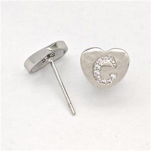 Copper Heart Stud Earring Pave Zirconia Letter-C Platinum Plated, approx 8-9mm [FN43859]
