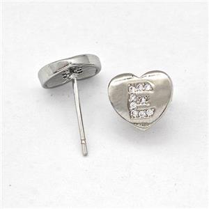 Copper Heart Stud Earring Pave Zirconia Letter-E Platinum Plated, approx 8-9mm [FN43861]
