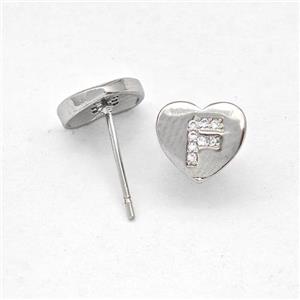 Copper Heart Stud Earring Pave Zirconia Letter-F Platinum Plated, approx 8-9mm [FN43862]