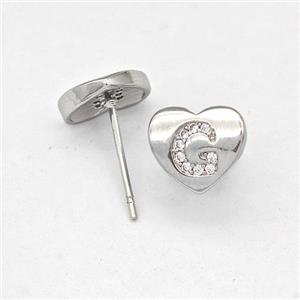 Copper Heart Stud Earring Pave Zirconia Letter-G Platinum Plated, approx 8-9mm [FN43863]
