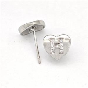 Copper Heart Stud Earring Pave Zirconia Letter-H Platinum Plated, approx 8-9mm [FN43864]
