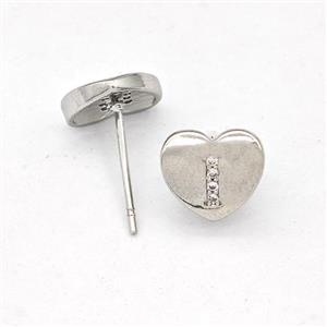 Copper Heart Stud Earring Pave Zirconia Letter-I Platinum Plated, approx 8-9mm [FN43865]