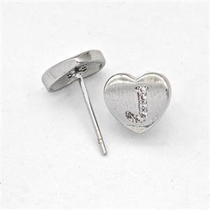 Copper Heart Stud Earring Pave Zirconia Letter-J Platinum Plated, approx 8-9mm [FN43866]