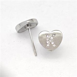 Copper Heart Stud Earring Pave Zirconia Letter-K Platinum Plated, approx 8-9mm [FN43867]