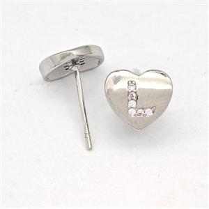 Copper Heart Stud Earring Pave Zirconia Letter-L Platinum Plated, approx 8-9mm [FN43868]