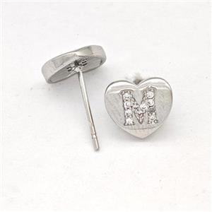 Copper Heart Stud Earring Pave Zirconia Letter-M Platinum Plated, approx 8-9mm [FN43869]